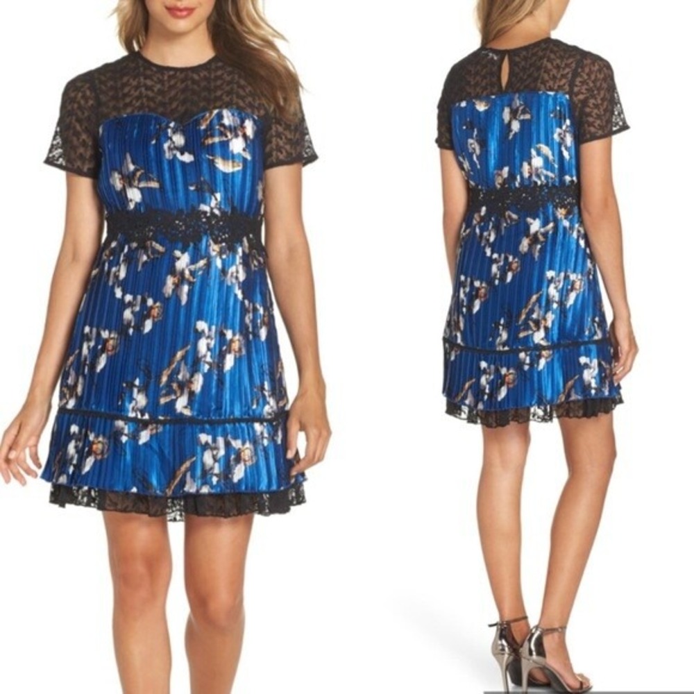 Foxiedox Blue Carmella Floral Blue Satin Pleated  Illusion Lace Mini dress XS/S